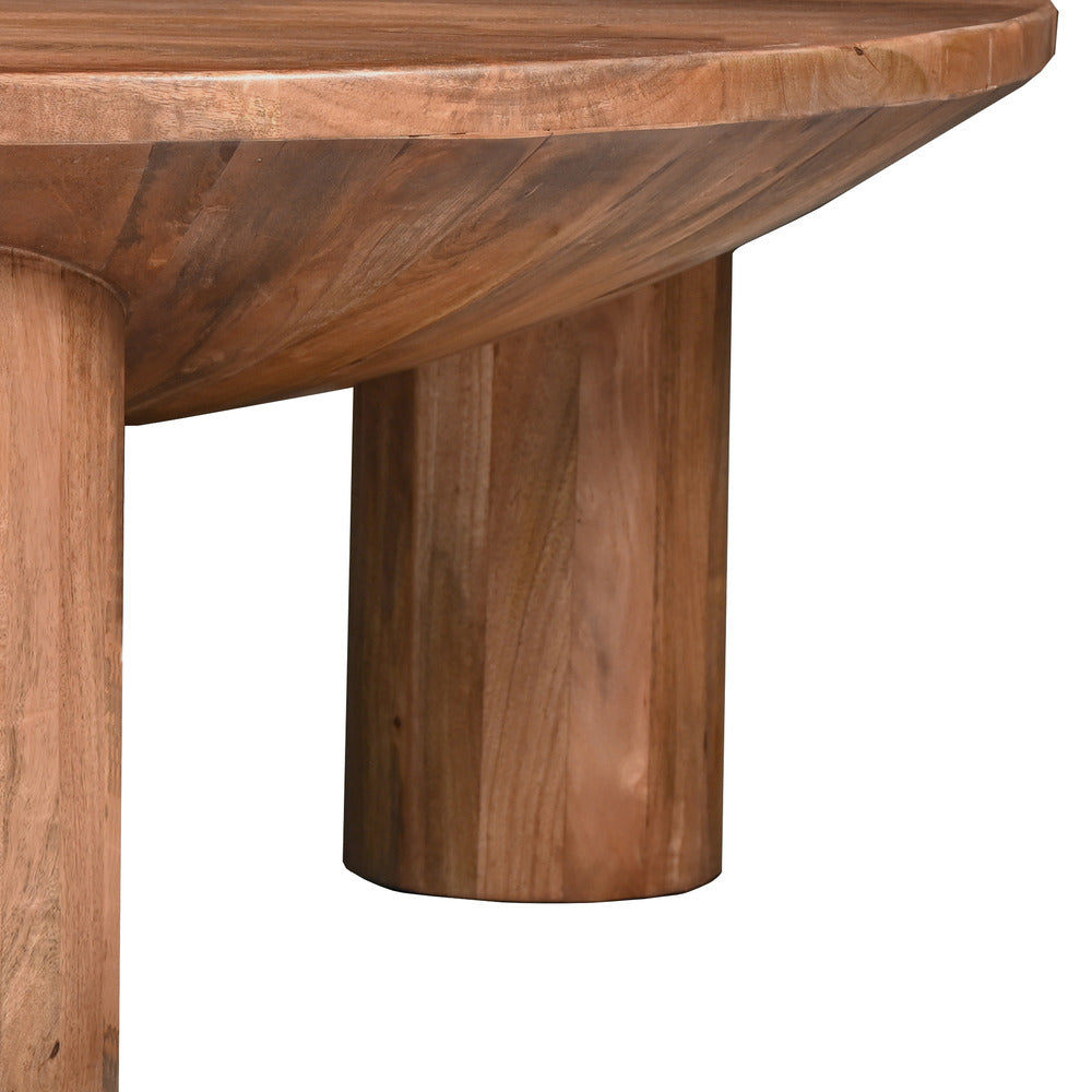 The Urban Port Meridian Coffee Table, 38 Inch Round Top, 3 Column Pillar Legs, Natural Brown Mango Wood