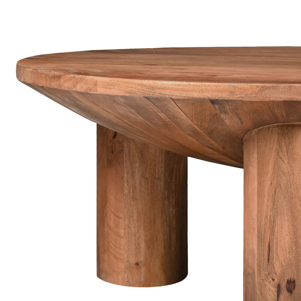 The Urban Port Meridian Coffee Table, 38 Inch Round Top, 3 Column Pillar Legs, Natural Brown Mango Wood