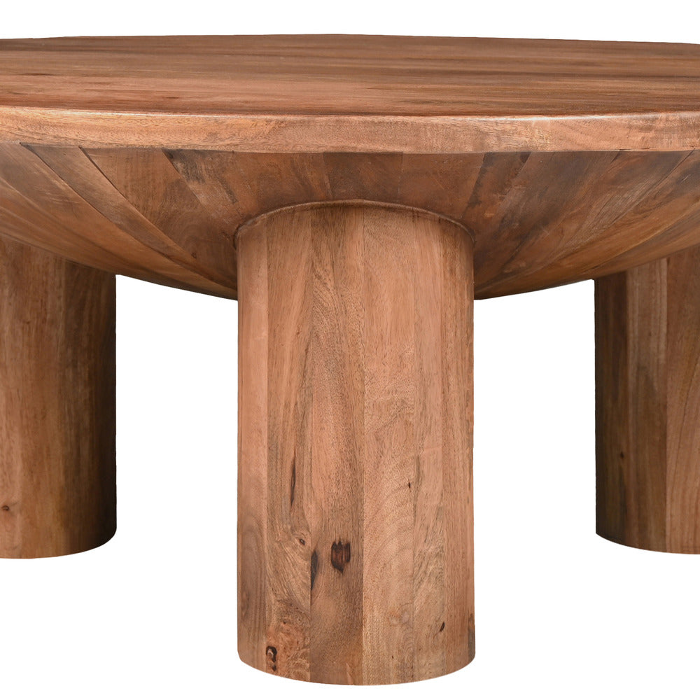 The Urban Port Meridian Coffee Table, 38 Inch Round Top, 3 Column Pillar Legs, Natural Brown Mango Wood