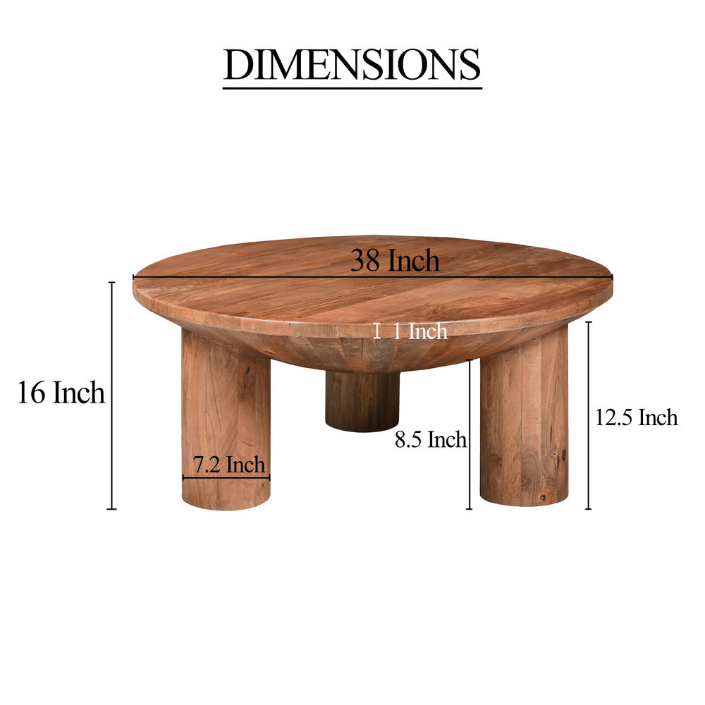 The Urban Port Meridian Coffee Table, 38 Inch Round Top, 3 Column Pillar Legs, Natural Brown Mango Wood