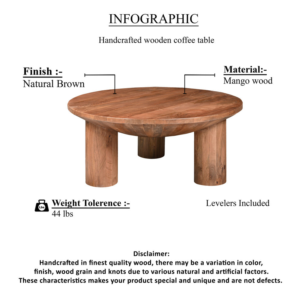 The Urban Port Meridian Coffee Table, 38 Inch Round Top, 3 Column Pillar Legs, Natural Brown Mango Wood