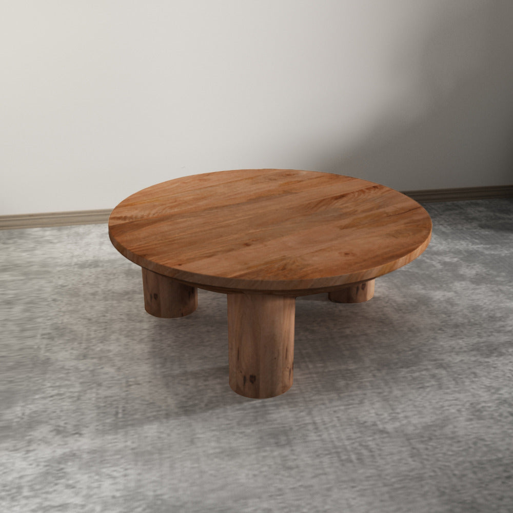 The Urban Port Meridian Coffee Table, 38 Inch Round Top, 3 Column Pillar Legs, Natural Brown Mango Wood