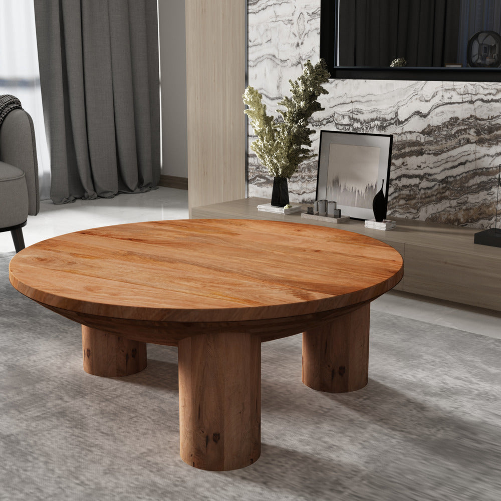 The Urban Port Meridian Coffee Table, 38 Inch Round Top, 3 Column Pillar Legs, Natural Brown Mango Wood