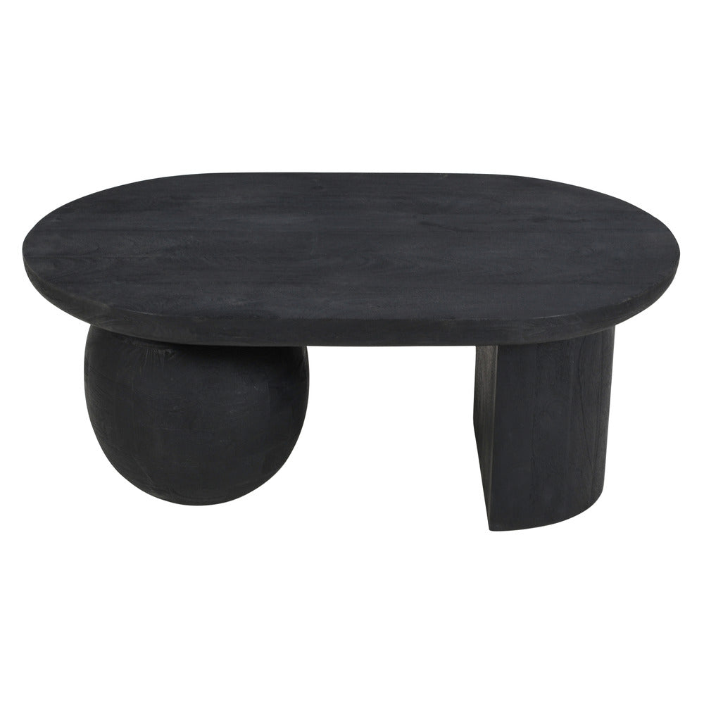 The Urban Port Uri 38 Inch Oval Coffee Table, Mango Wood Full And Half Spherical Leg, Sandblasted Black