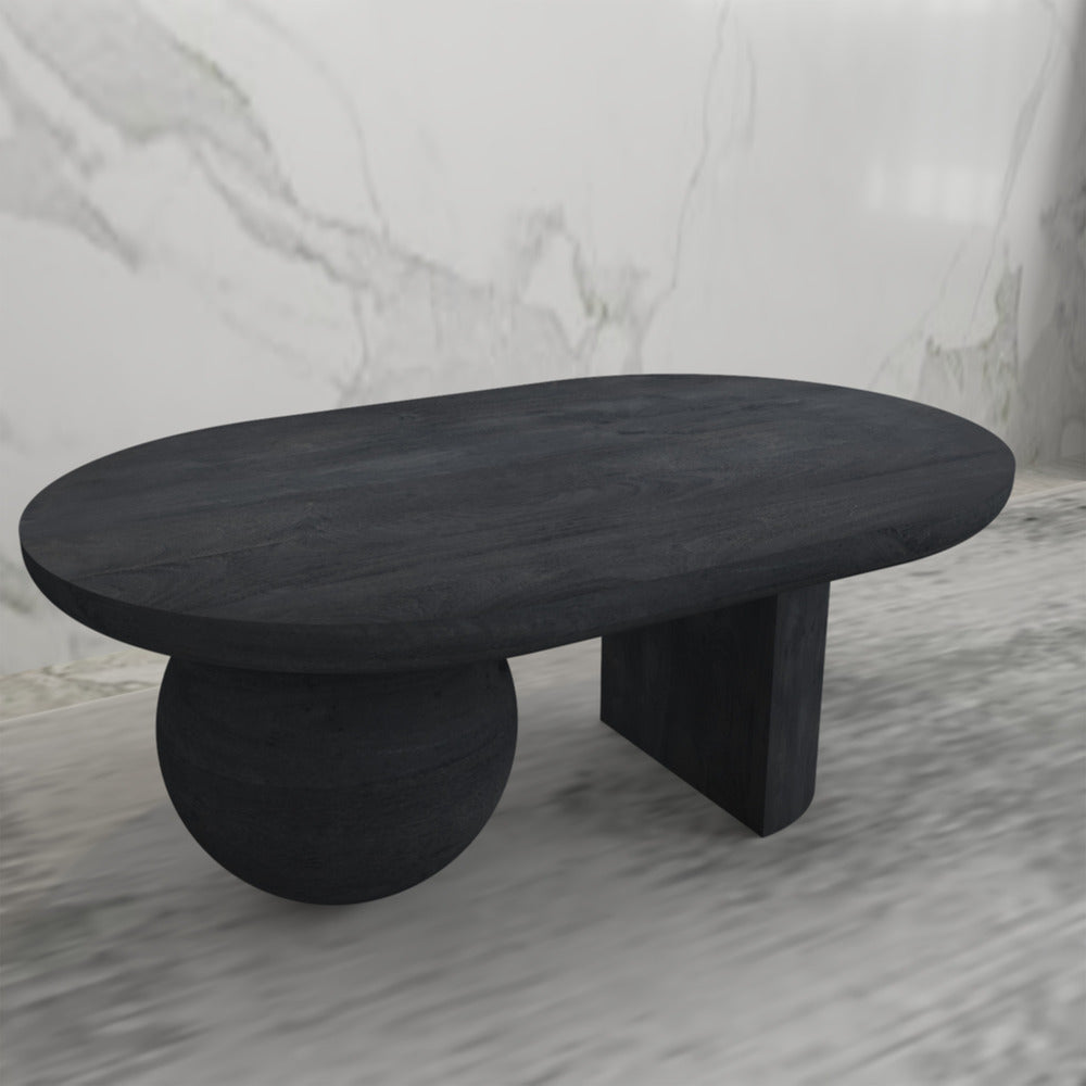 The Urban Port Uri 38 Inch Oval Coffee Table, Mango Wood Full And Half Spherical Leg, Sandblasted Black