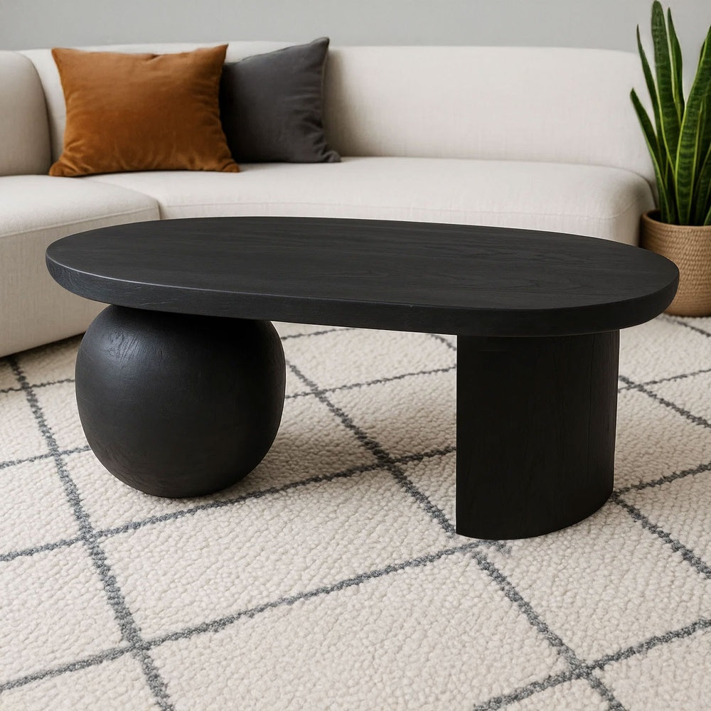 The Urban Port Uri 38 Inch Oval Coffee Table, Mango Wood Full And Half Spherical Leg, Sandblasted Black