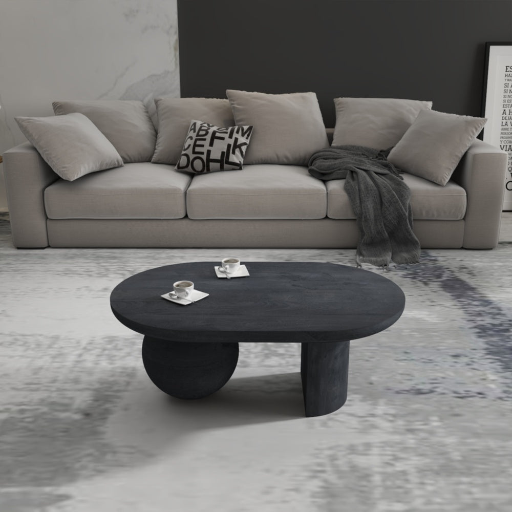 The Urban Port Uri 38 Inch Oval Coffee Table, Mango Wood Full And Half Spherical Leg, Sandblasted Black