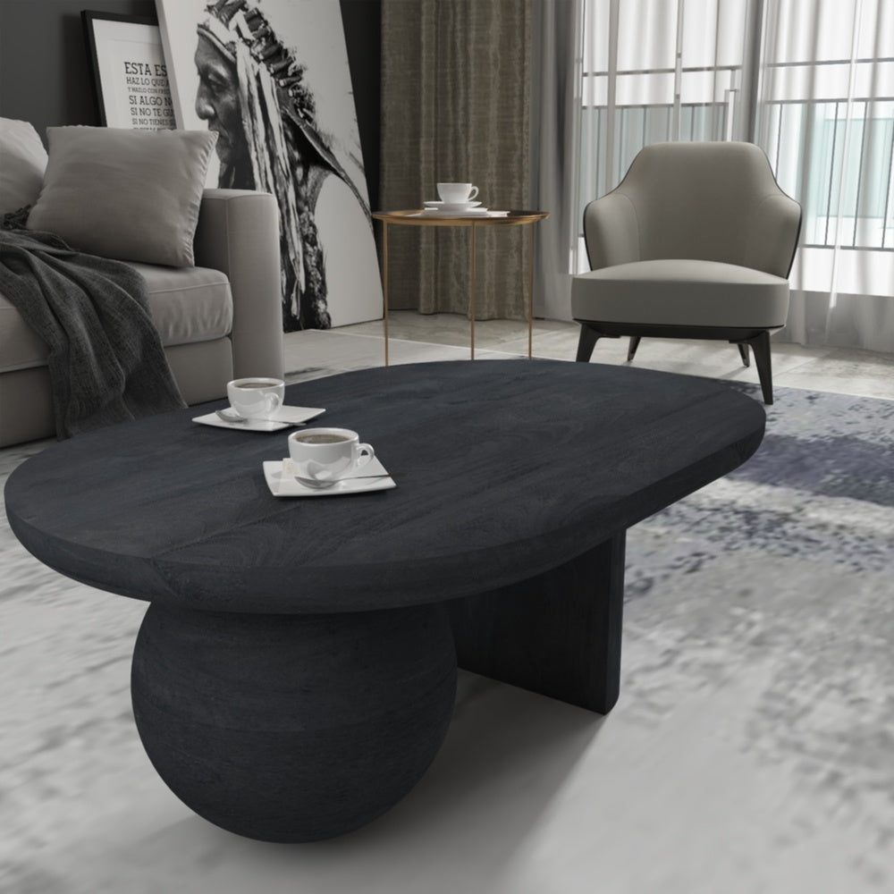 The Urban Port Uri 38 Inch Oval Coffee Table, Mango Wood Full And Half Spherical Leg, Sandblasted Black