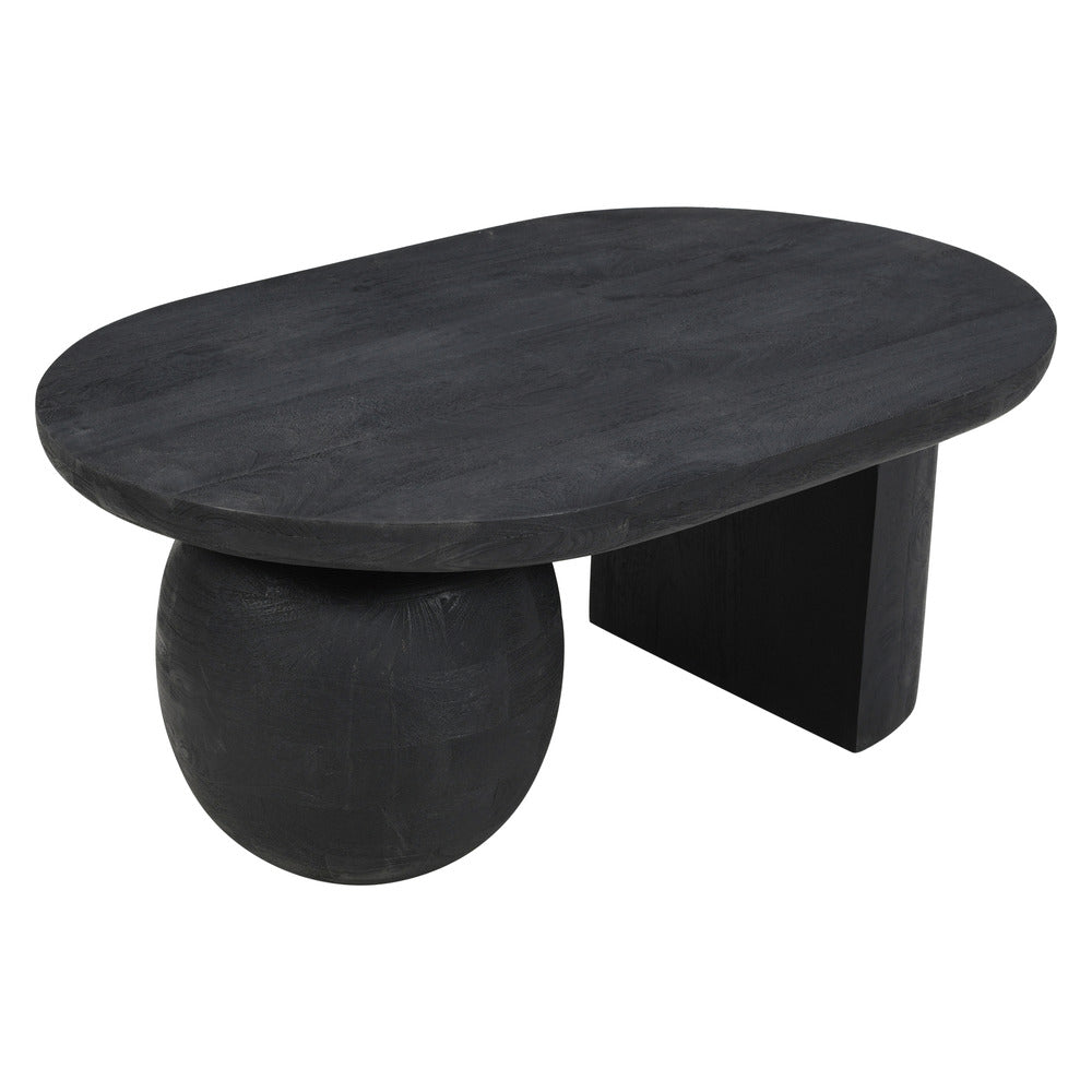 The Urban Port Uri 38 Inch Oval Coffee Table, Mango Wood Full And Half Spherical Leg, Sandblasted Black