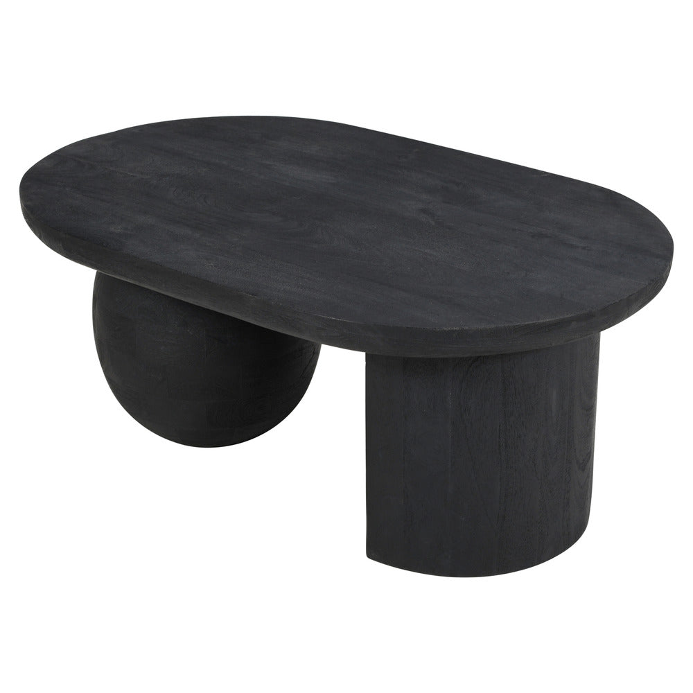 The Urban Port Uri 38 Inch Oval Coffee Table, Mango Wood Full And Half Spherical Leg, Sandblasted Black