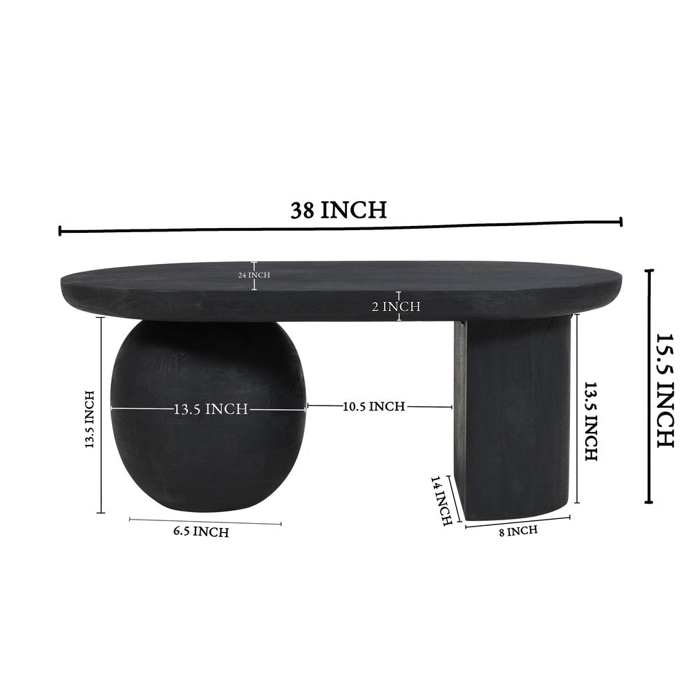 The Urban Port Uri 38 Inch Oval Coffee Table, Mango Wood Full And Half Spherical Leg, Sandblasted Black