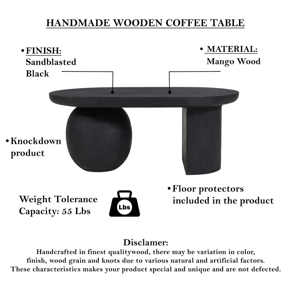 The Urban Port Uri 38 Inch Oval Coffee Table, Mango Wood Full And Half Spherical Leg, Sandblasted Black