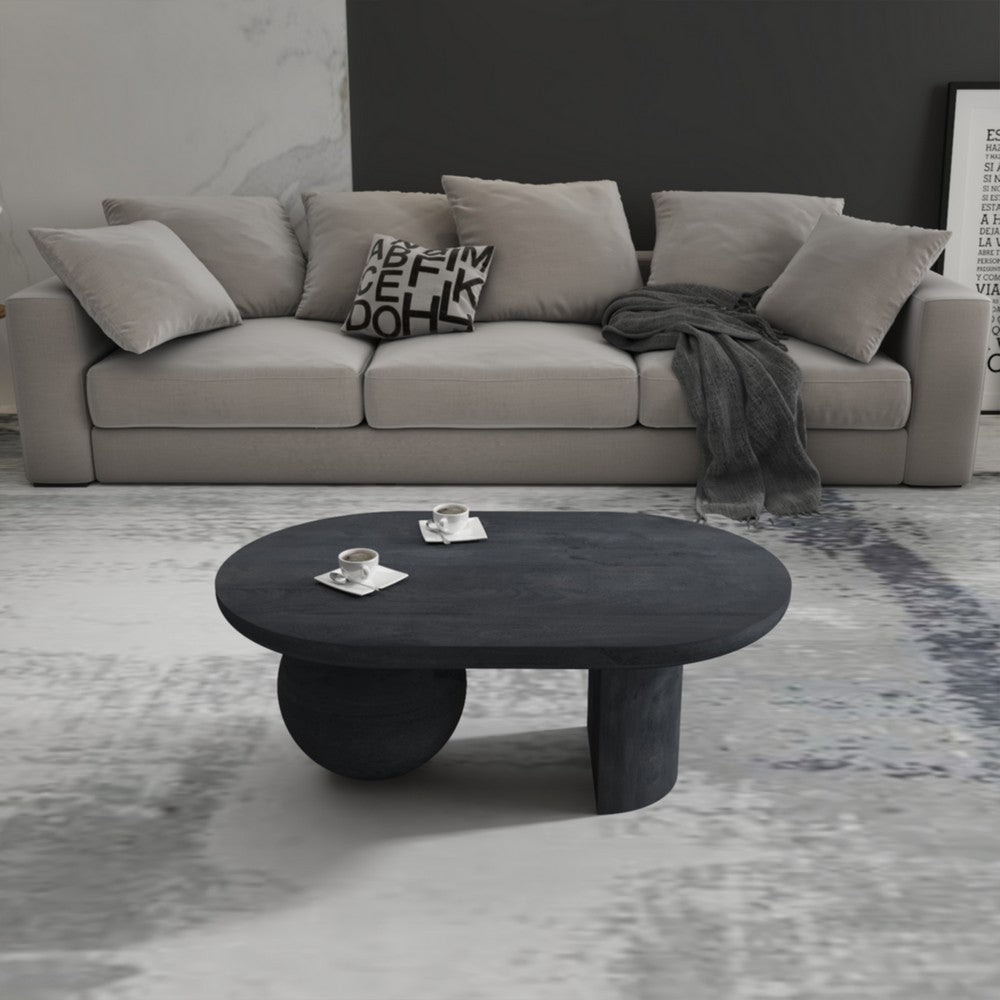 The Urban Port Uri 38 Inch Oval Coffee Table, Mango Wood Full And Half Spherical Leg, Sandblasted Black