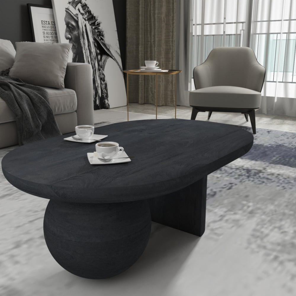 The Urban Port Uri 38 Inch Oval Coffee Table, Mango Wood Full And Half Spherical Leg, Sandblasted Black