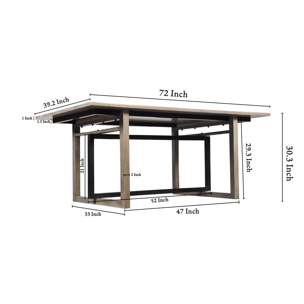 The Urban Port St Tropez Dining Table, 72 Inch Rectangular Mango Wood Top with Iron Trestle Base, 6 Seater, Gray And Black
