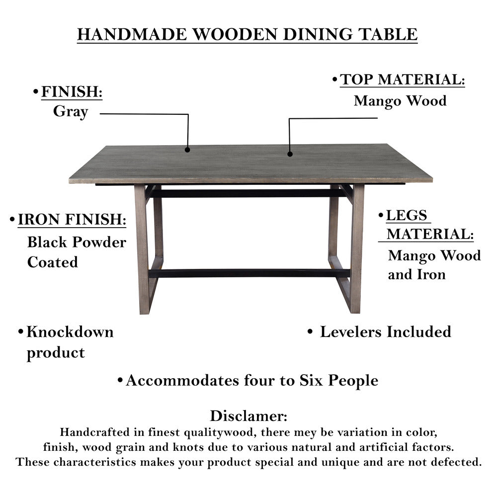 The Urban Port St Tropez Dining Table, 72 Inch Rectangular Mango Wood Top with Iron Trestle Base, 6 Seater, Gray And Black