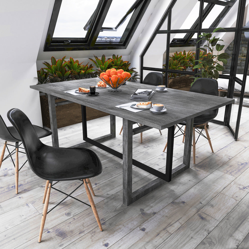 The Urban Port St Tropez Dining Table, 72 Inch Rectangular Mango Wood Top with Iron Trestle Base, 6 Seater, Gray And Black
