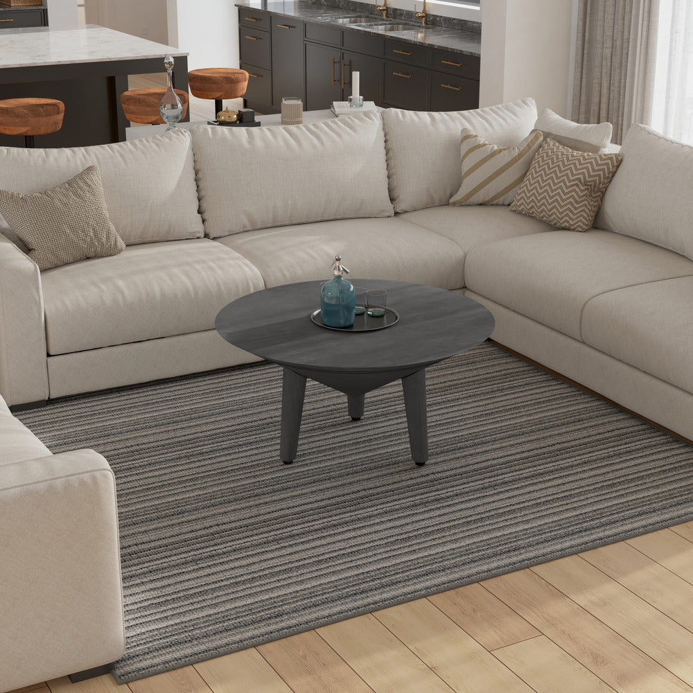 The Urban Port Venus 28 Inch Coffee Table with 3 Tapered Splayed Legs, Gray Mango Wood