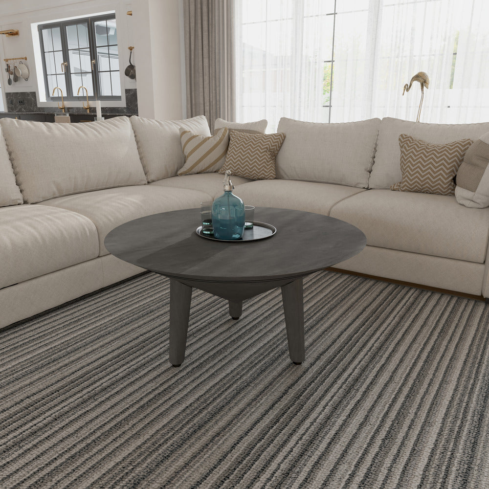The Urban Port Venus 28 Inch Coffee Table with 3 Tapered Splayed Legs, Gray Mango Wood