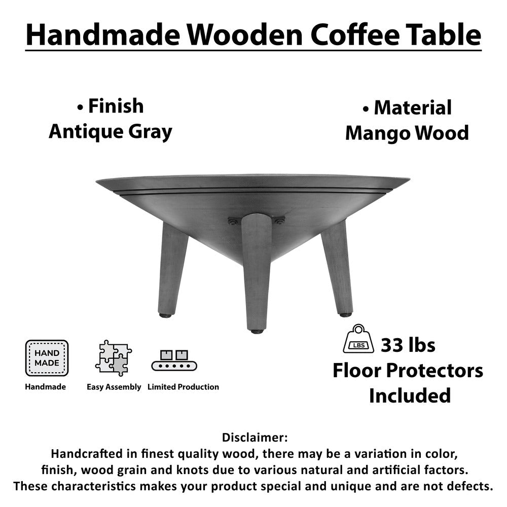 The Urban Port Venus 28 Inch Coffee Table with 3 Tapered Splayed Legs, Gray Mango Wood