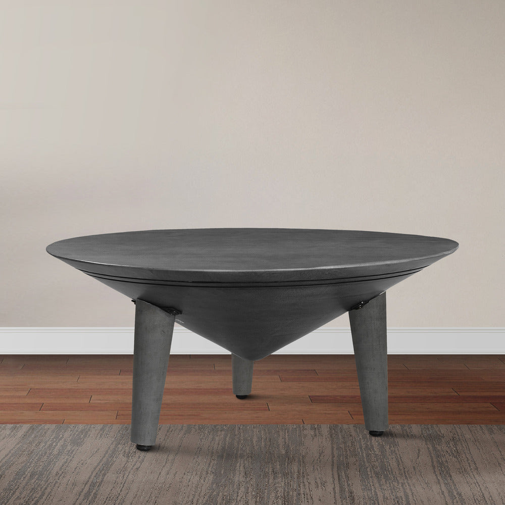 The Urban Port Venus 28 Inch Coffee Table with 3 Tapered Splayed Legs, Gray Mango Wood