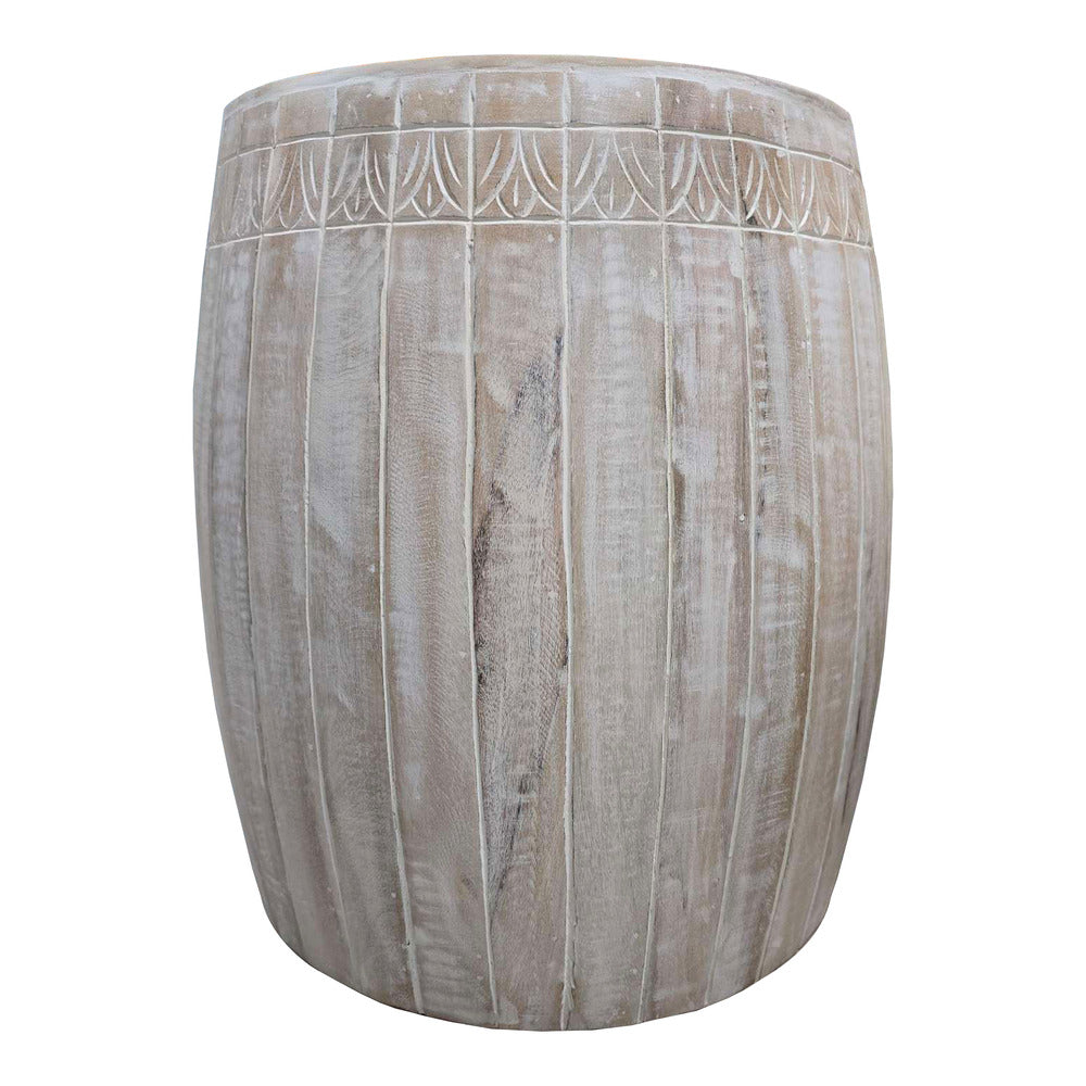 The Urban Port Serenity Side End Table with 16 Inch Round Top, In Antique White Mango Wood