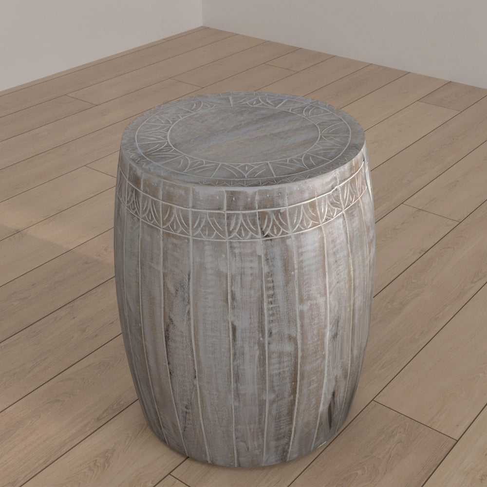 The Urban Port Serenity Side End Table with 16 Inch Round Top, In Antique White Mango Wood