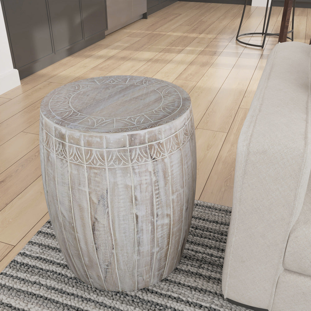 The Urban Port Serenity Side End Table with 16 Inch Round Top, In Antique White Mango Wood