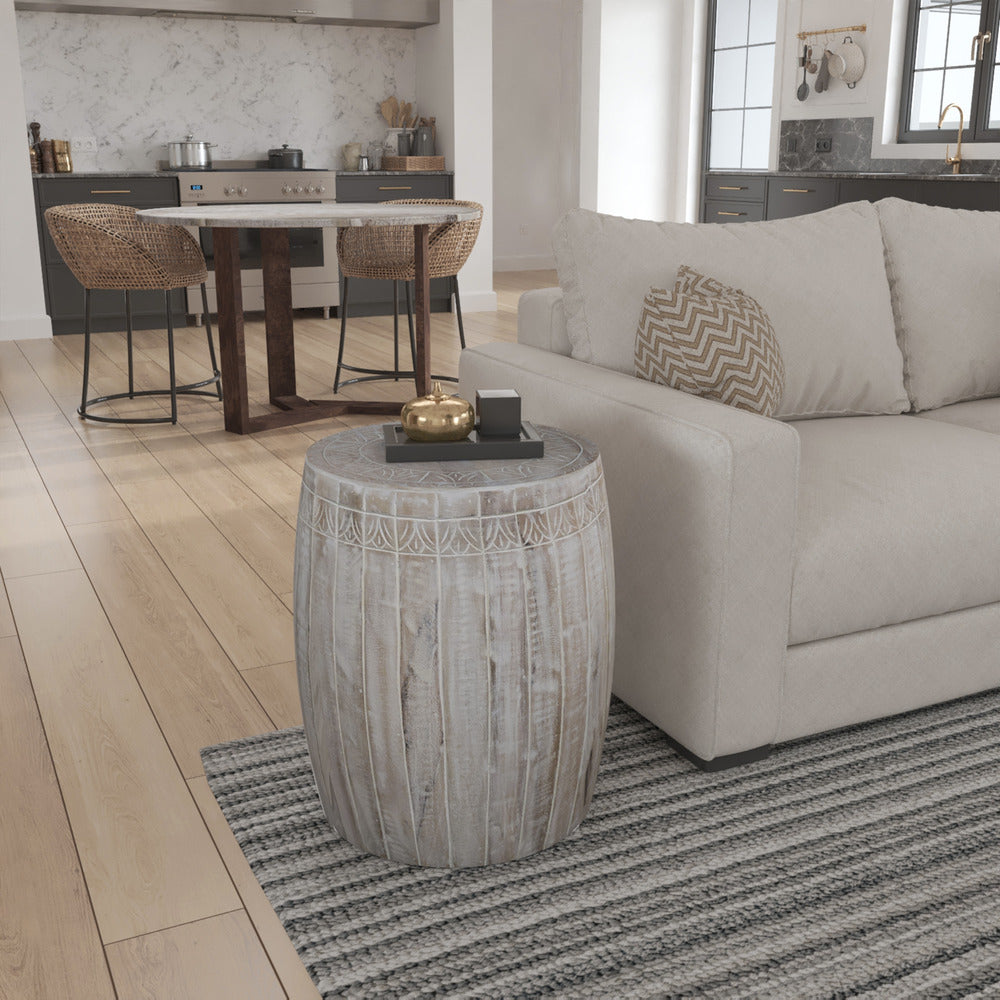 The Urban Port Serenity Side End Table with 16 Inch Round Top, In Antique White Mango Wood