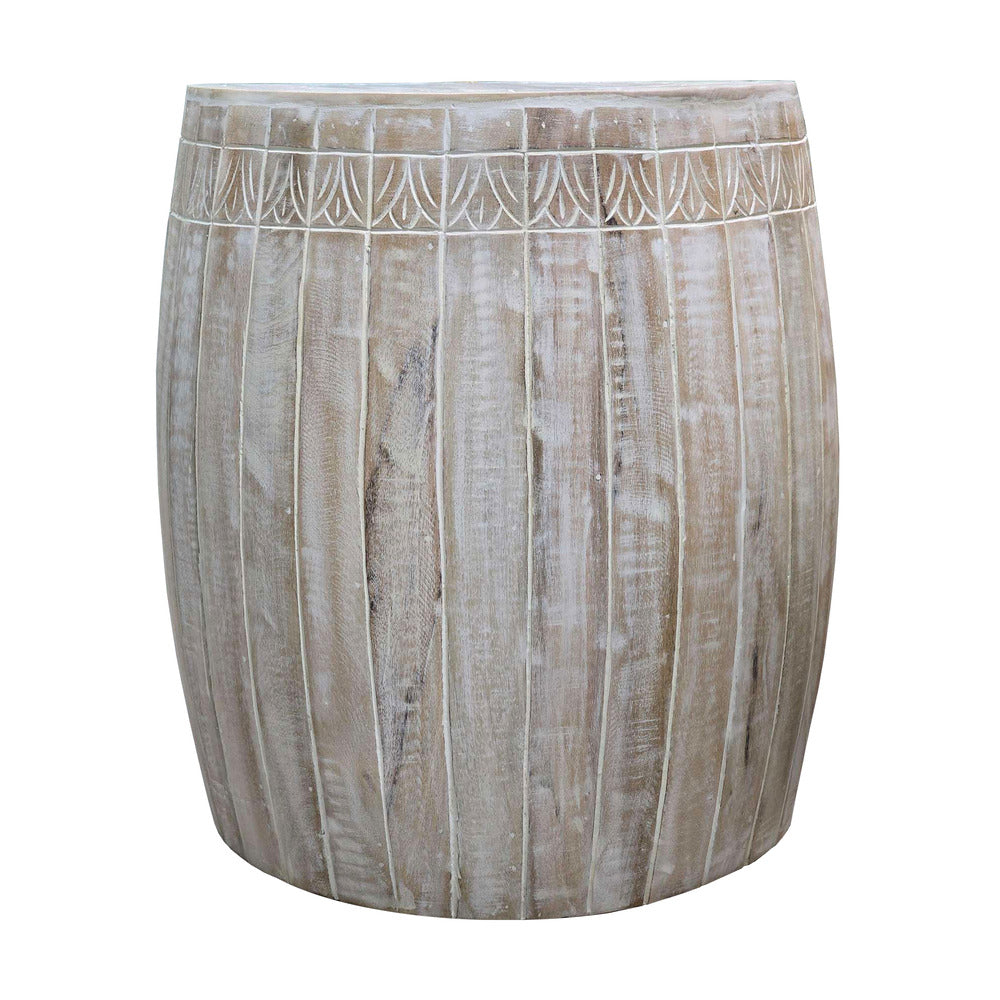 The Urban Port Serenity Side End Table with 16 Inch Round Top, In Antique White Mango Wood