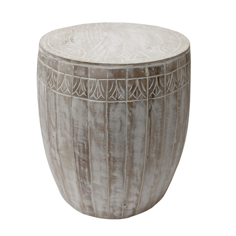 The Urban Port Serenity Side End Table with 16 Inch Round Top, In Antique White Mango Wood