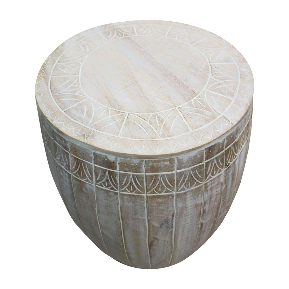 The Urban Port Serenity Side End Table with 16 Inch Round Top, In Antique White Mango Wood