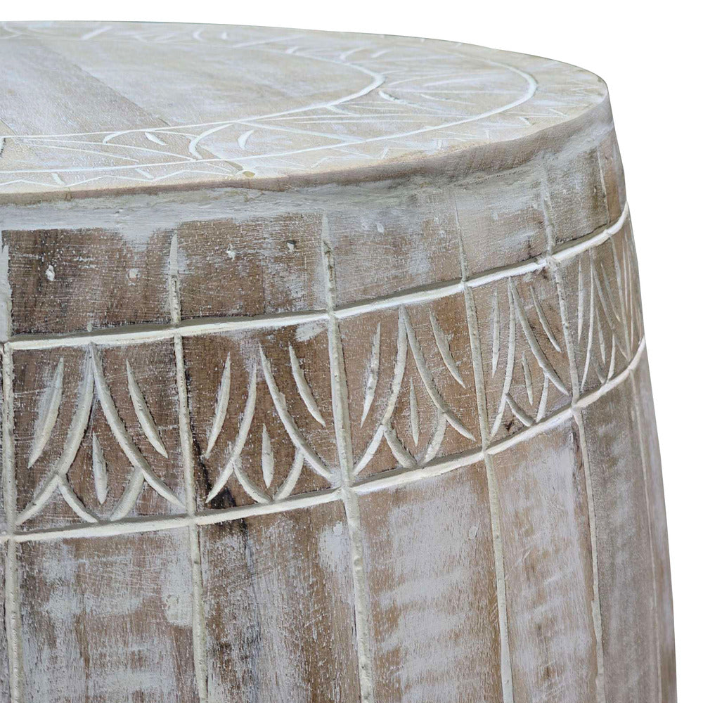 The Urban Port Serenity Side End Table with 16 Inch Round Top, In Antique White Mango Wood