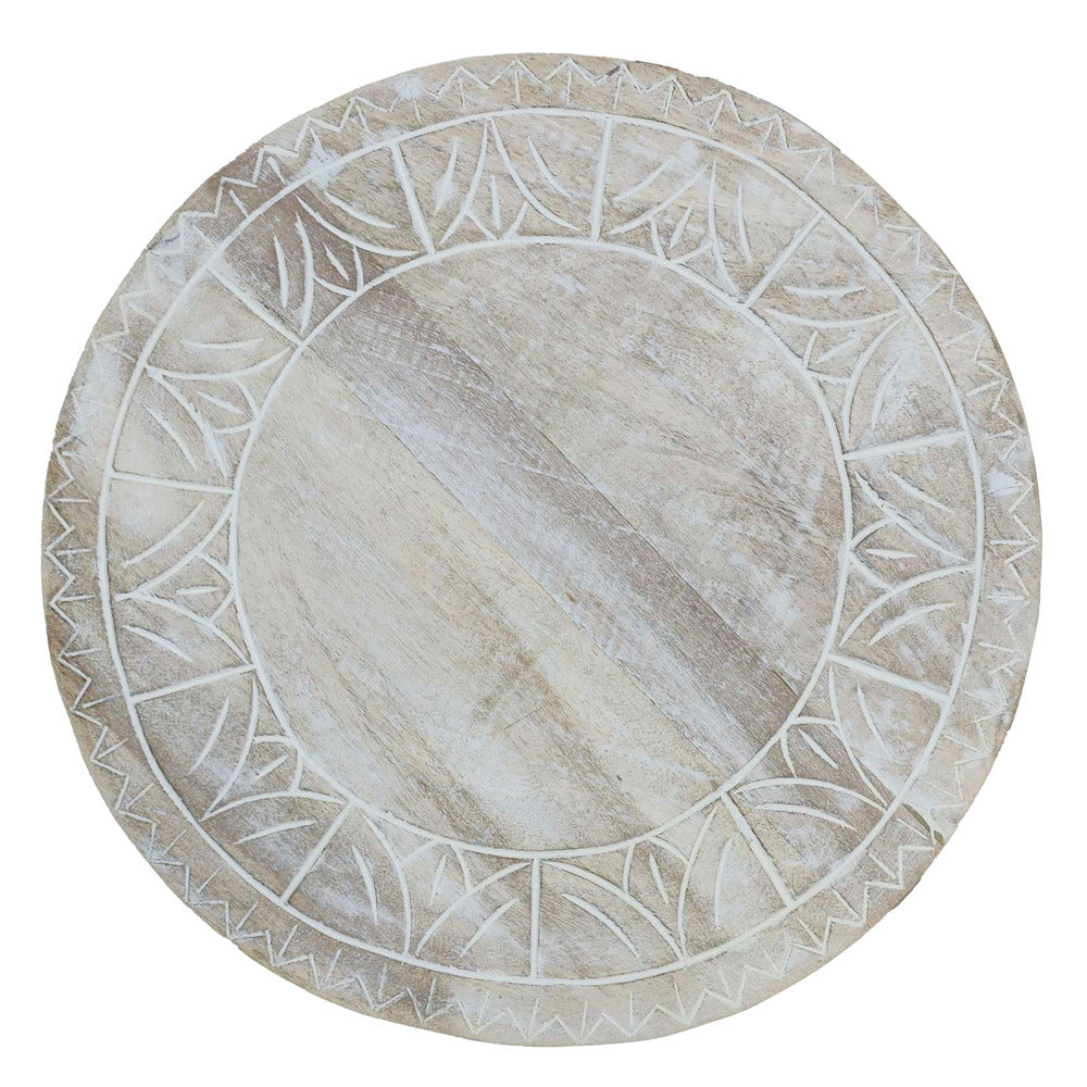 The Urban Port Serenity Side End Table with 16 Inch Round Top, In Antique White Mango Wood
