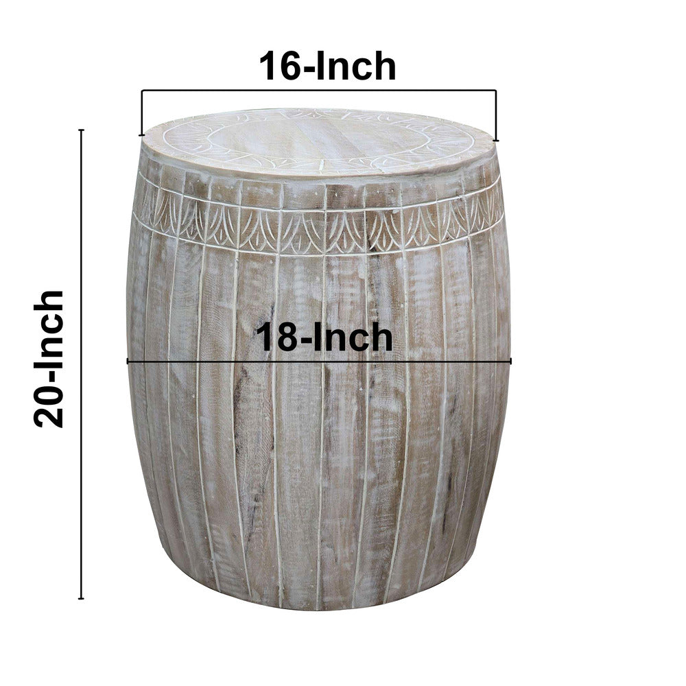 The Urban Port Serenity Side End Table with 16 Inch Round Top, In Antique White Mango Wood