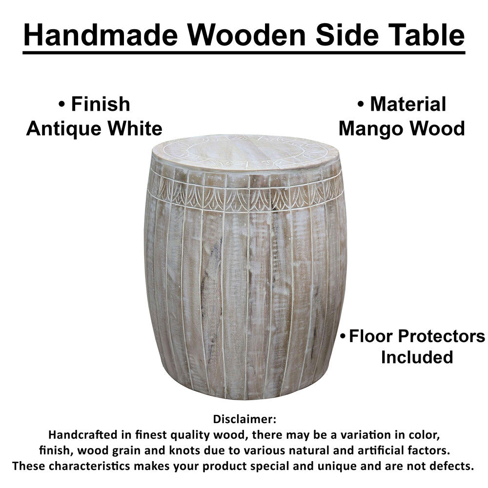 The Urban Port Serenity Side End Table with 16 Inch Round Top, In Antique White Mango Wood