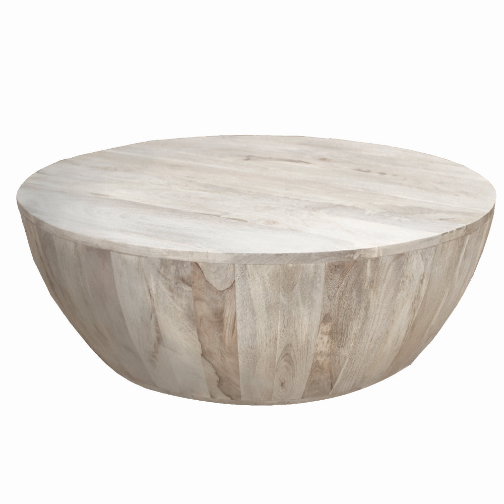 The Urban Port Arthur 35.5 Inch Round Mango Wood Coffee Table, Subtle Grains, Distressed White