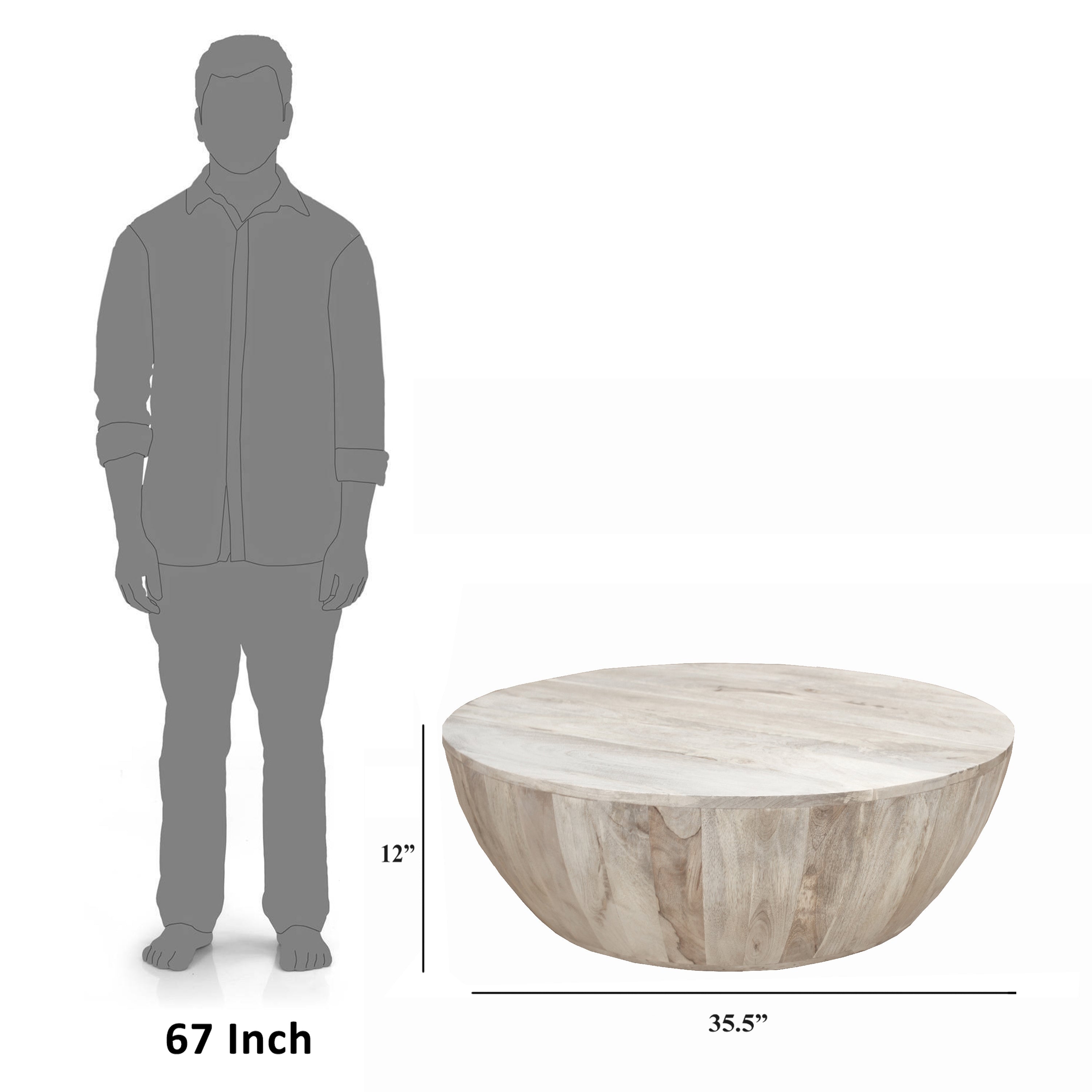 The Urban Port Arthur 35.5 Inch Round Mango Wood Coffee Table, Subtle Grains, Distressed White