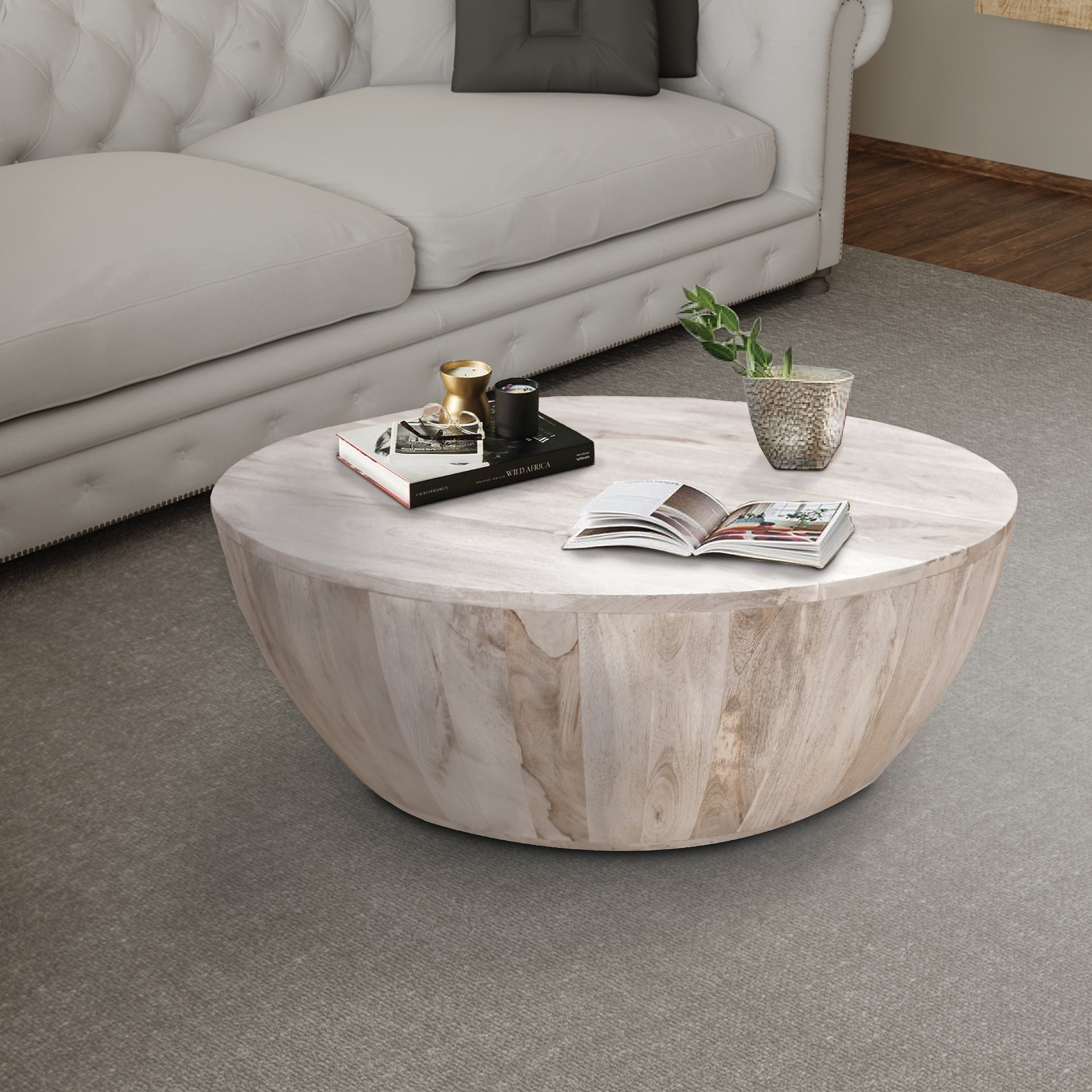 The Urban Port Arthur 35.5 Inch Round Mango Wood Coffee Table, Subtle Grains, Distressed White