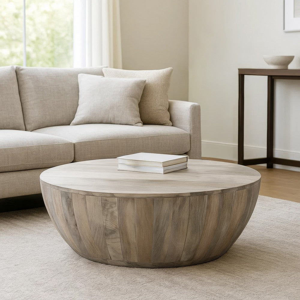 The Urban Port Arthur 35.5 Inch Round Mango Wood Coffee Table, Subtle Grains, Distressed White