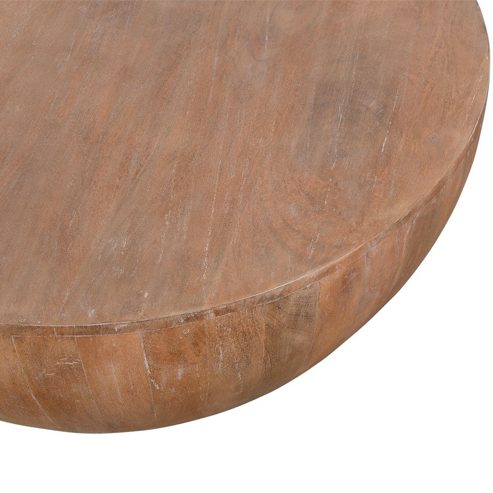 The Urban Port Arthur Drum Shape Wooden 35.5 Inch Coffee Table with Plank Design Base, Distressed Brown