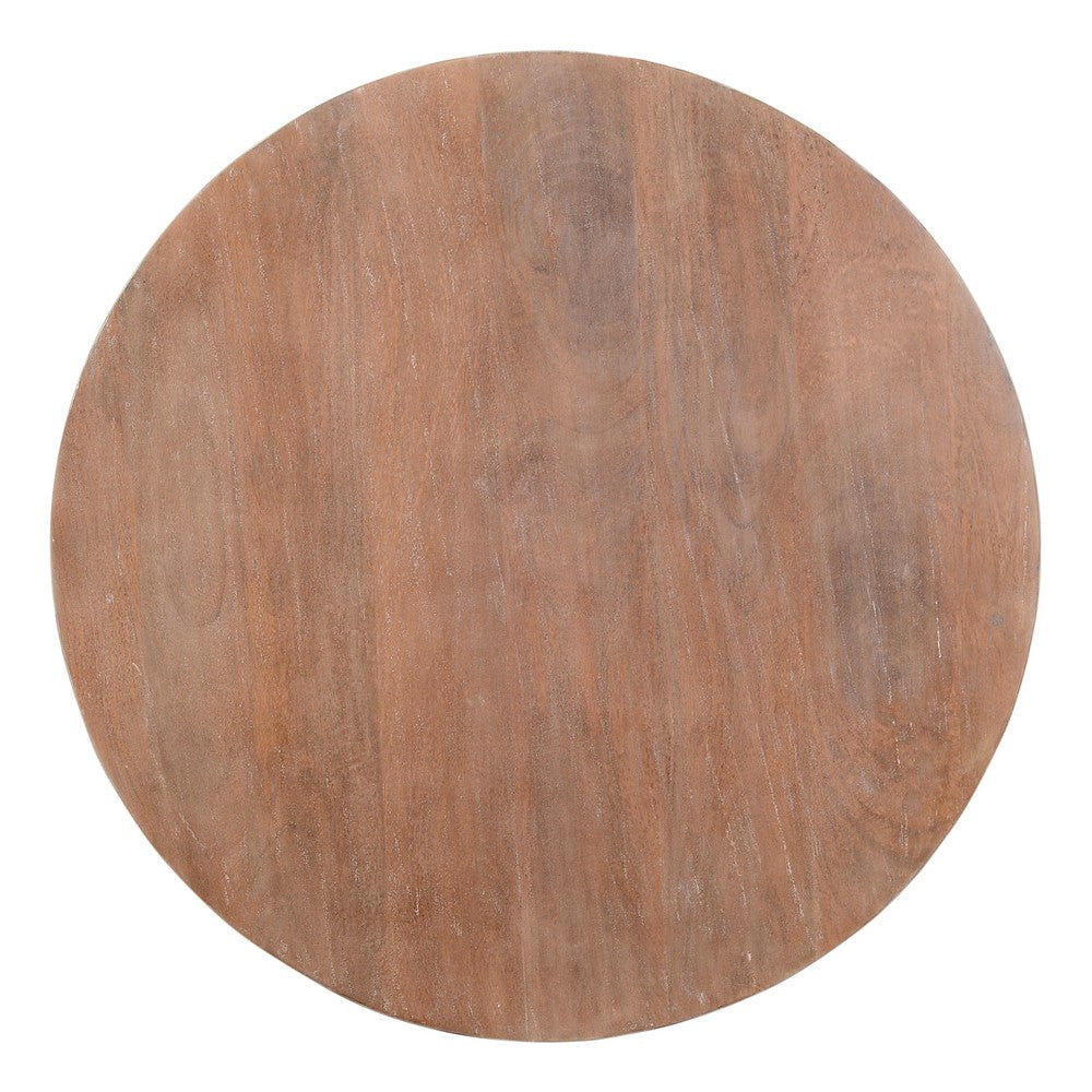The Urban Port Arthur Drum Shape Wooden 35.5 Inch Coffee Table with Plank Design Base, Distressed Brown