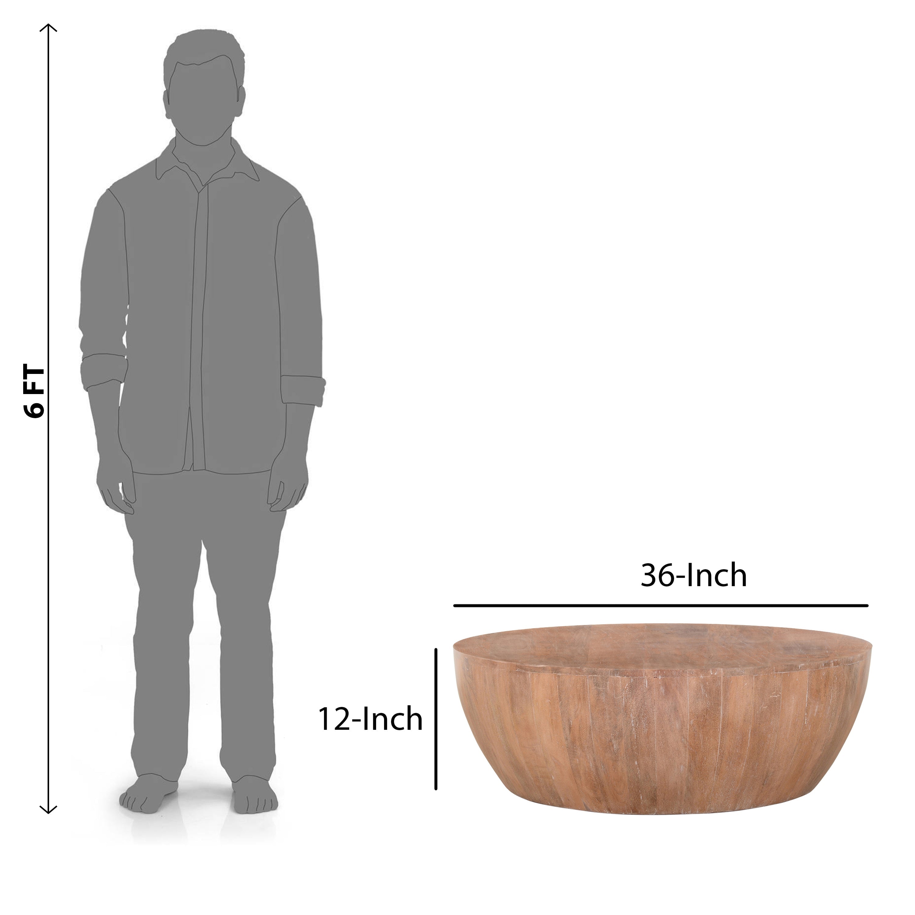 The Urban Port Arthur Drum Shape Wooden 35.5 Inch Coffee Table with Plank Design Base, Distressed Brown