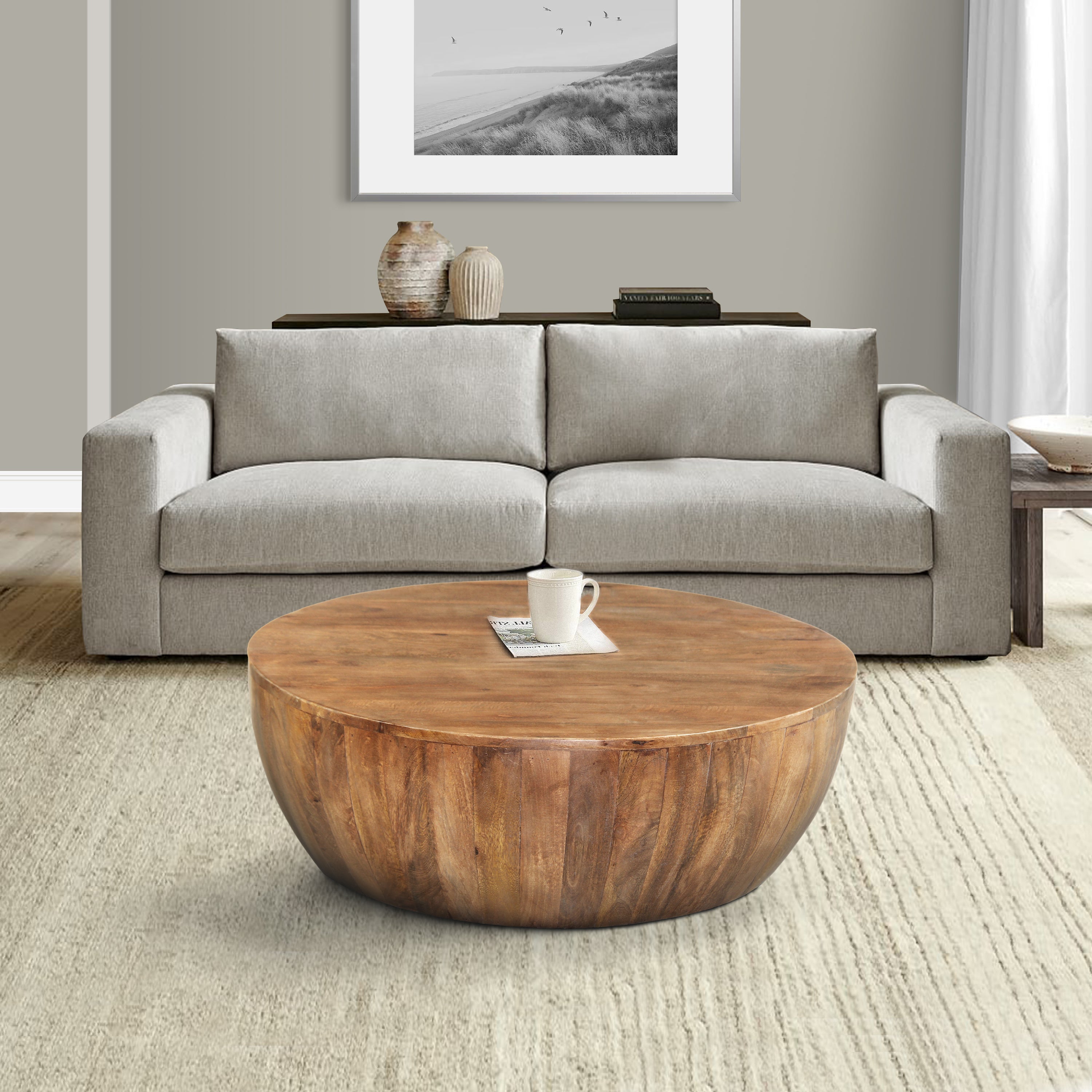 The Urban Port Arthur Drum Shape Wooden 35.5 Inch Coffee Table with Plank Design Base, Distressed Brown