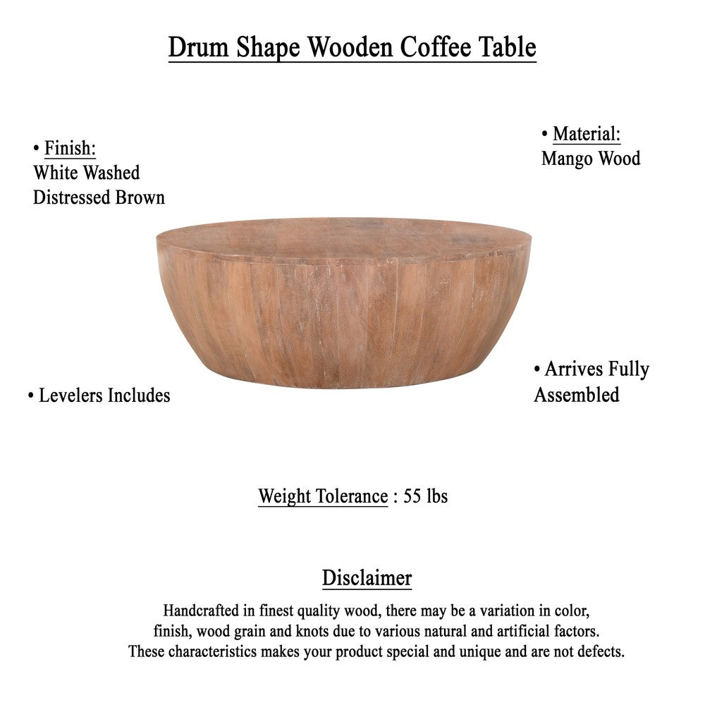 The Urban Port Arthur Drum Shape Wooden 35.5 Inch Coffee Table with Plank Design Base, Distressed Brown