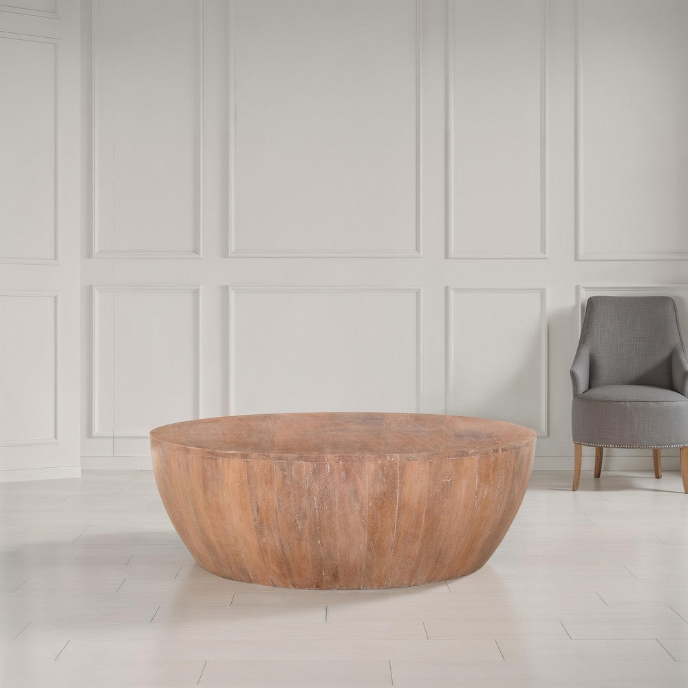 The Urban Port Arthur Drum Shape Wooden 35.5 Inch Coffee Table with Plank Design Base, Distressed Brown