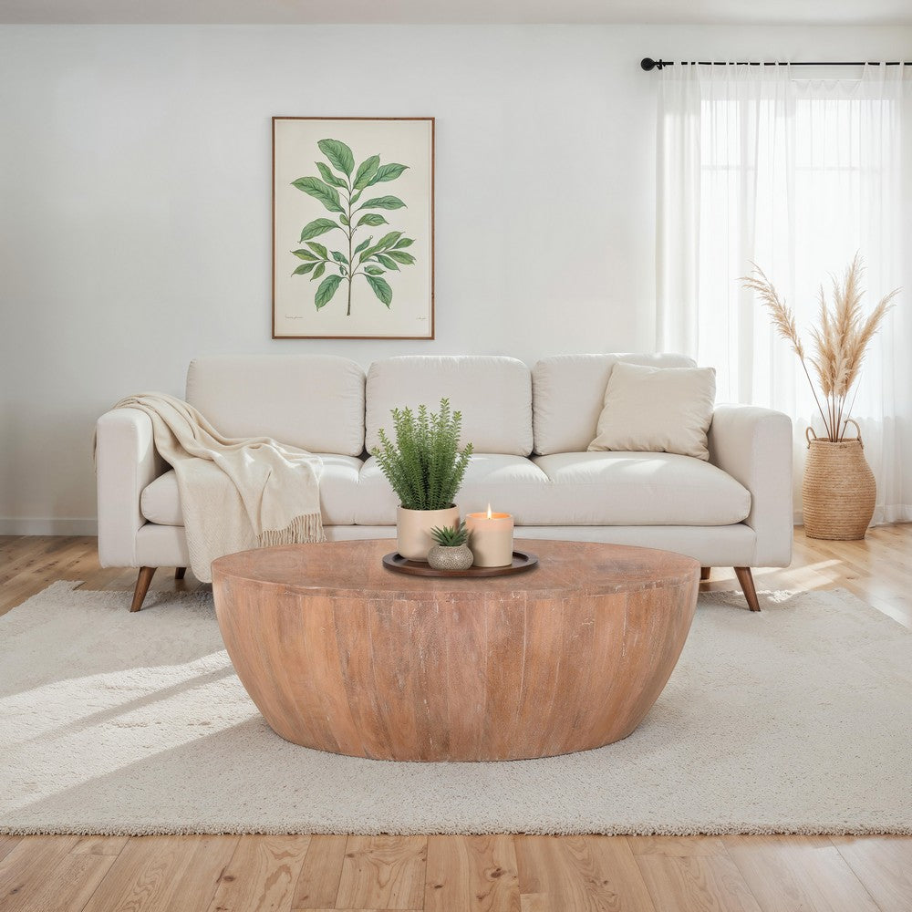 The Urban Port Arthur Drum Shape Wooden 35.5 Inch Coffee Table with Plank Design Base, Distressed Brown