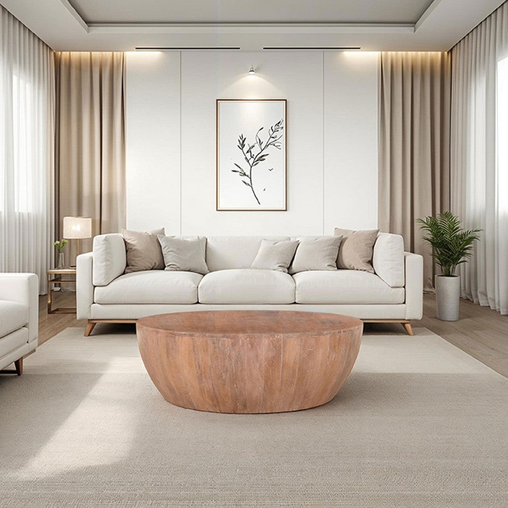 The Urban Port Arthur Drum Shape Wooden 35.5 Inch Coffee Table with Plank Design Base, Distressed Brown