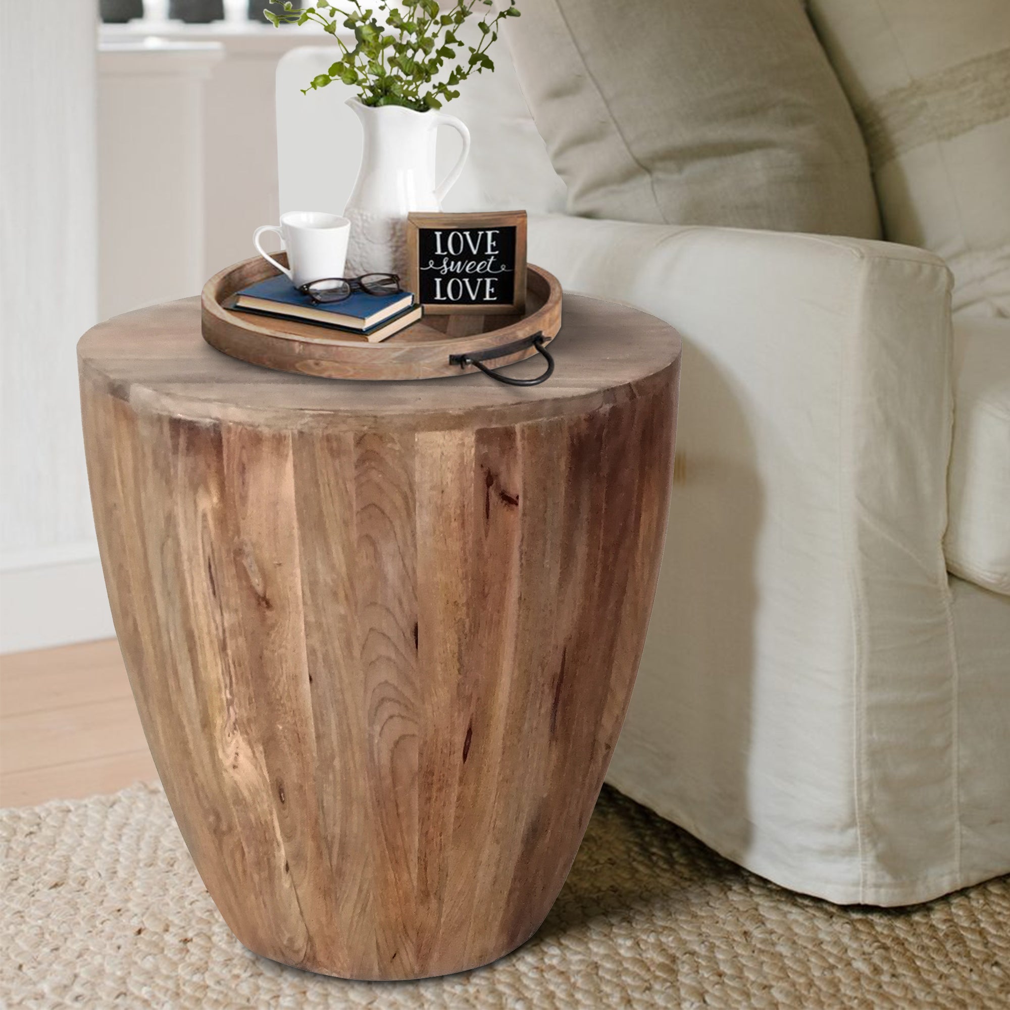 The Urban Port Arthur Handcarved Cylindrical Shape Round Mango Wood Distressed Wooden Side End Table, Brown