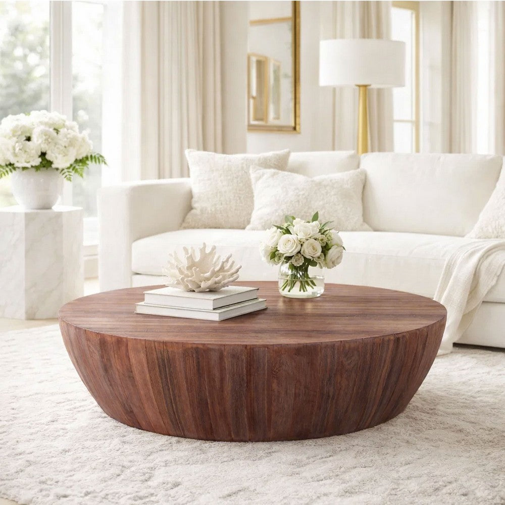 The Urban Port Arthur Handcarved 48 Inch Drum Shape Round Top Mango Wood Distressed Wooden Coffee Table, Brown